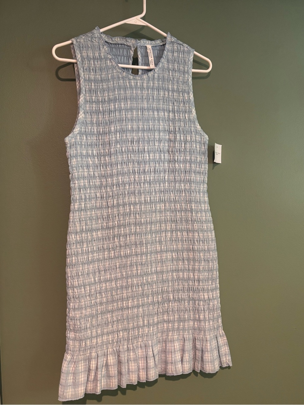 American Eagle Outfitters Light Blue Smocked Sleeveless Dress with Ruffle Hem